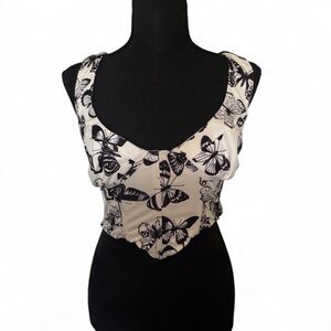 AKIRA Black & White Butterfly Print Corset Top - Size S